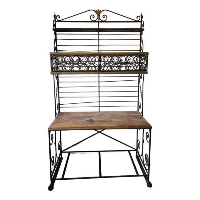 Early 20th Century Wrought Iron Baker’s Rack With Butcher Block Shelf & Wine Rack. By French Perfit Fils Ltd. For Sale