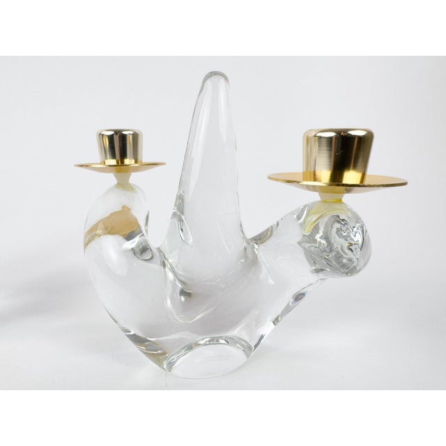 Charles Schneider Pair of Mid-Century Schneider Crystal & Brass Candlestick Holders, France For Sale - Image 4 of 15