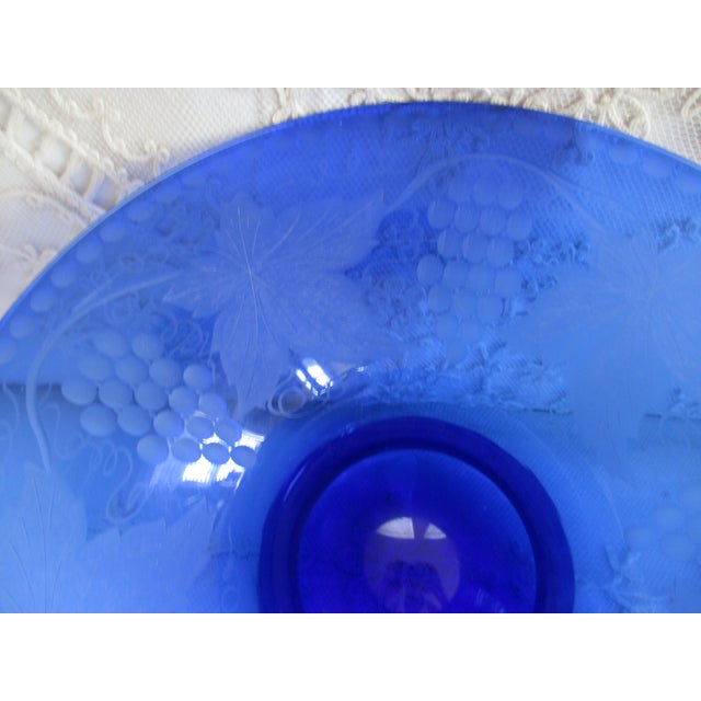 This is a Gorgeous! Antique Cobalt Blue Hand Blown Bowl that is Deeply Etched with Grapes and Grape Leaves and a Border of...