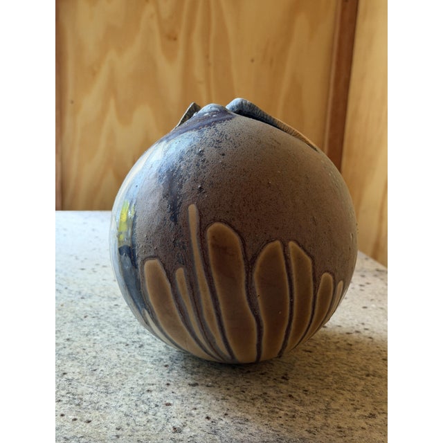 Studio Pottery Orb Vase wirh Pinched Organic Opening and Drip Glaze, 1940 For Sale - Image 11 of 13