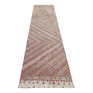 1960s Vintage Distressed Embroidered Kilim Runner - 32"x123" For Sale