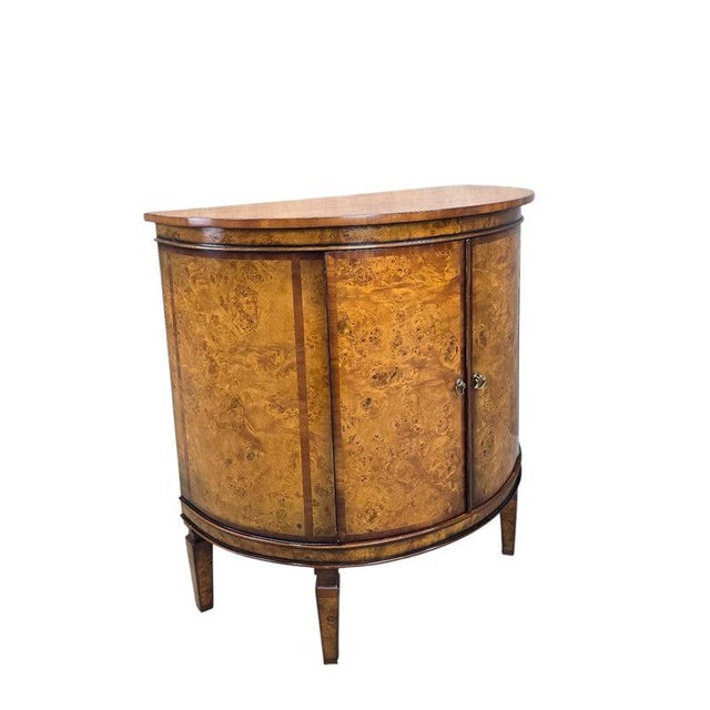 Vintage Neoclassical Regency Style Walnut Burl Demilune Cabinet with Double Doors Vintage demilune cabinet in walnut burl...