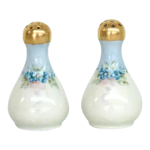 O EG Austria Blue Forget me Nots Porcelain Set of Salt and Pepper Shakers - A Pair