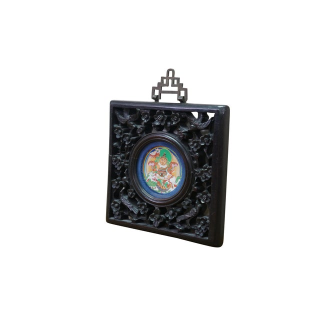 Antique carved pierced / reticulated floral and bird rosewood wall plaque featuring a Tibetan Buddhist miniature thangka...