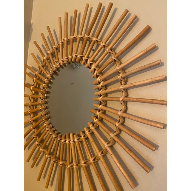 Mid-Century Modern Vintage Mid-Century Rattan Sunburst Wall Mirror – Handwoven Bamboo Starburst Design, 1960s–1970s Style For Sale - Image 3 of 5