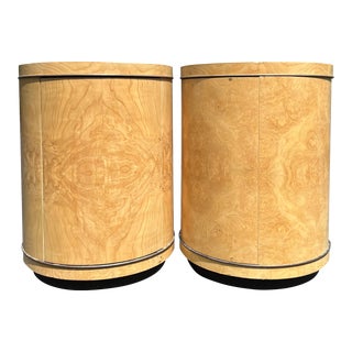 Vintage Henredon Scene Two 2 Burl Wood Drum Round Nightstands a Pair For Sale