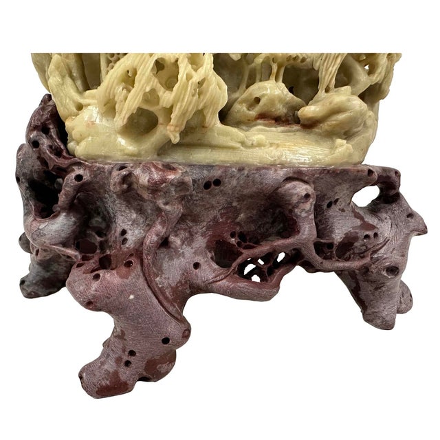 1960s Vintage Hand Carved Chinese Soapstone Mountain Village With Pagoda Landscapes For Sale - Image 5 of 12