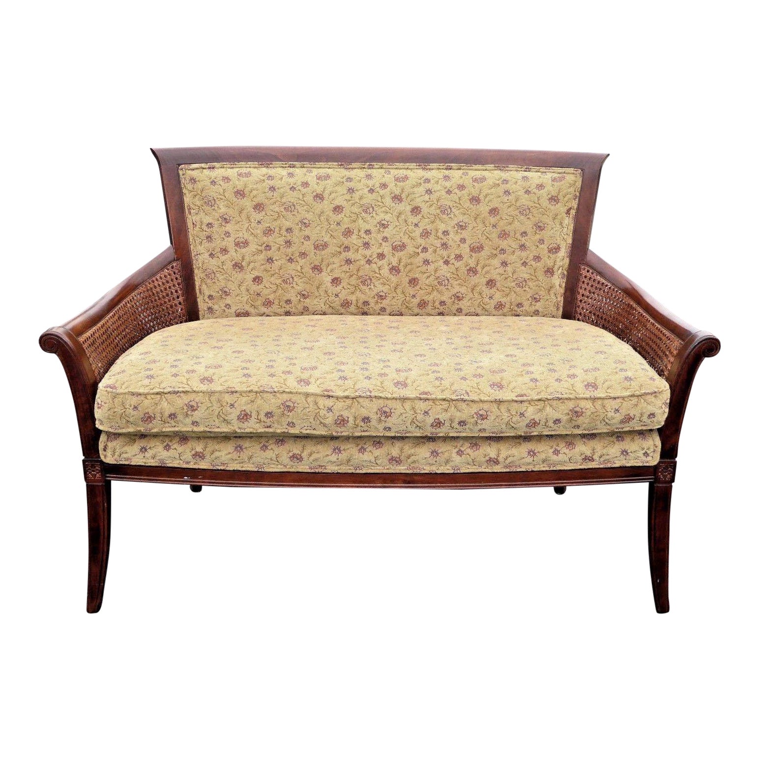 Vintage French Country Ethan Allen Double Cane Floral Settee /Loveseat