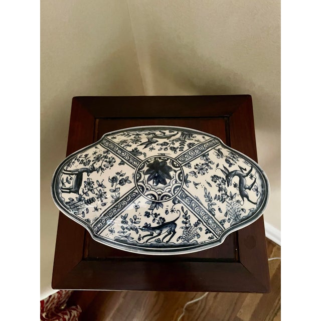 Rustic European Painted Blue and White Footed Ceramic Box For Sale - Image 3 of 6