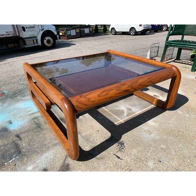 MidCentury Modern Lou Hodges Oak Coffee Table With Inset Glass Top
