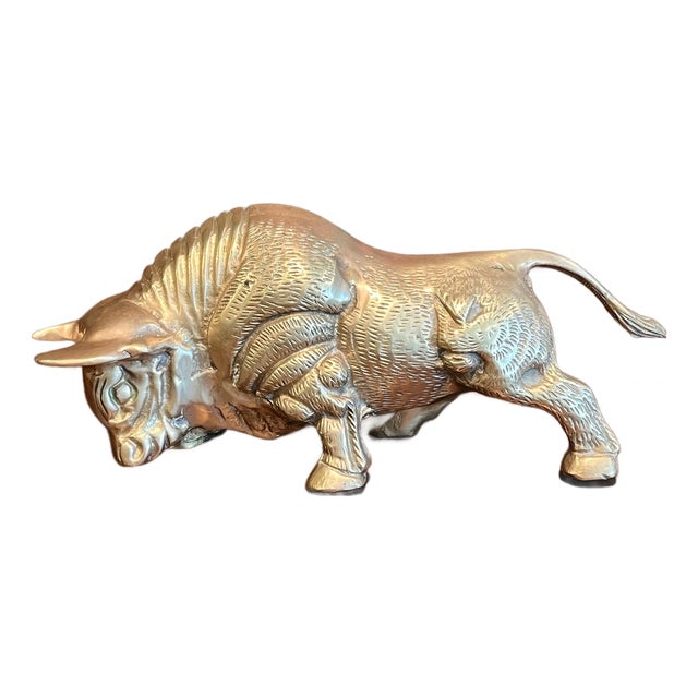 Vintage Heavy Brass Charging Bull Figurine Mid Century Animal Statue Decor For Sale