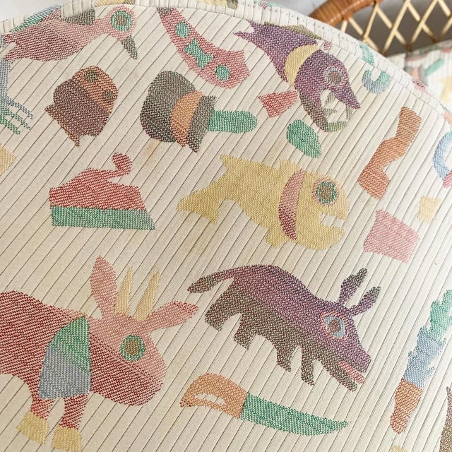 Boho Chic Buri Rattan Swivel Dining Arm Chairs With Multi Color Animal Upholstery - a Pair For Sale - Image 9 of 9