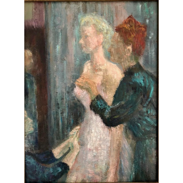 French School Seamstress Oil Painting "The Fitting" Oil on Board For Sale