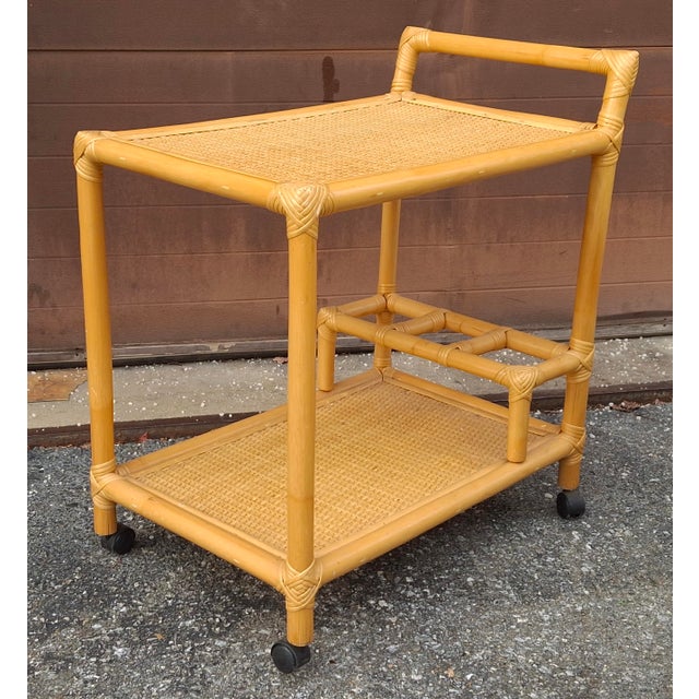 Wood Late 20th Century Rattan and Cane Rolling Bar Cart For Sale - Image 7 of 10