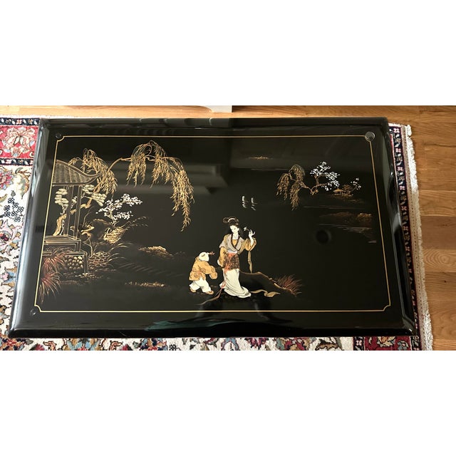Chinoiserie Black Lacquer Hand Painted Chinoiserie Large Chest Trunk For Sale - Image 3 of 12