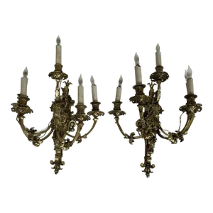 Early 20th Century Pair of French Solid Brass Empire 5-Arm Sconces