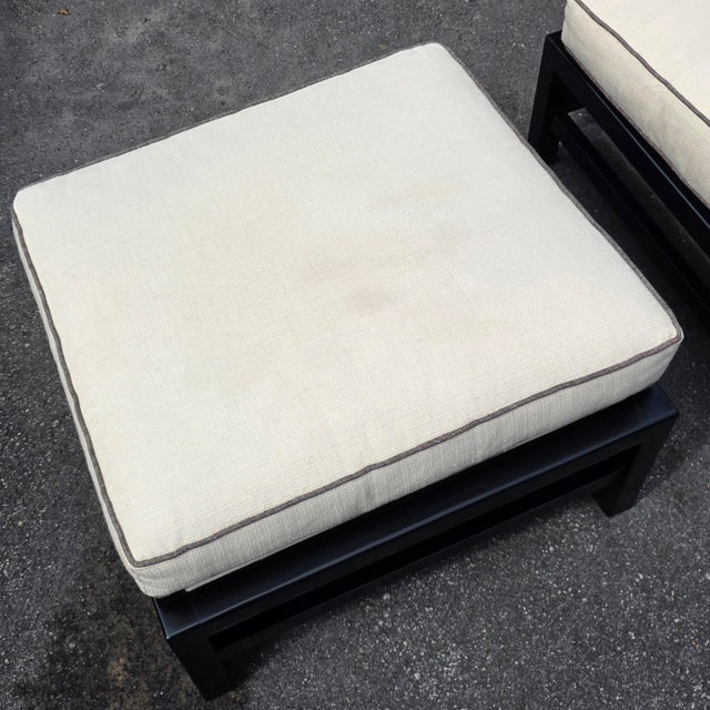 Baker Furniture Company Pair of Baker Furniture Black Lacquered Wood Frame Ottomans With Ivory Upholstered Cushions For Sale - Image 4 of 8