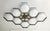 Italian midcentury flush mount with eight glossy white Murano glass shades mounted on solid brass frame in bronze finish /...
