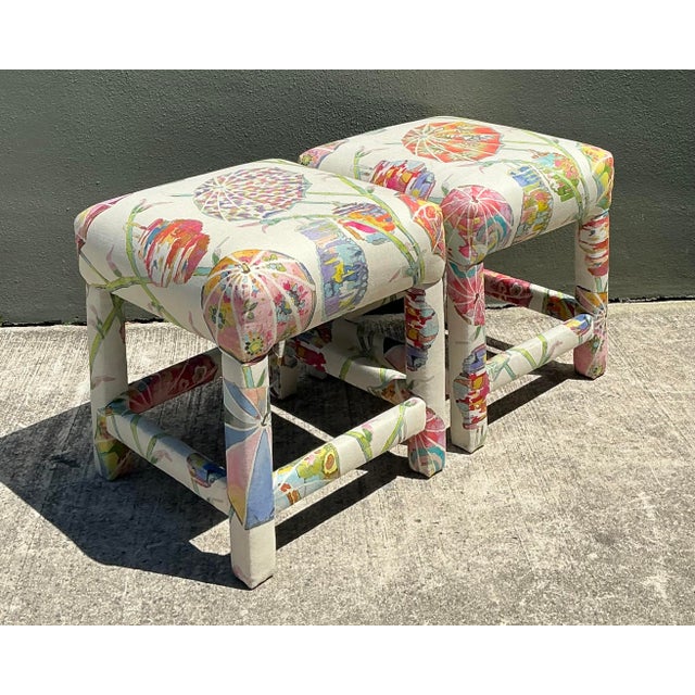 This vibrant pair of vintage low stools captures the playful elegance of late 20th-century design. Featuring a rare and...