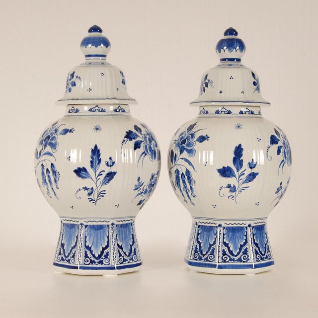 Chinoiserie Royal Delft Vases Chinoiserie Blue White Covered Jars Baluster Vases Earthenware Urns Tariff Free Delivery - A Pair For Sale - Image 3 of 12