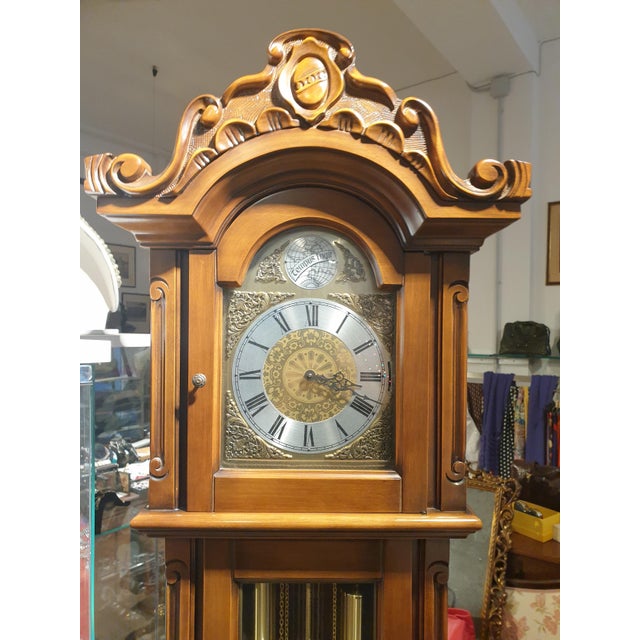 Long Vintage Pendulum Clock in Mahogany with Carved Decorations and Roman Number Dial, 1980s For Sale - Image 4 of 7