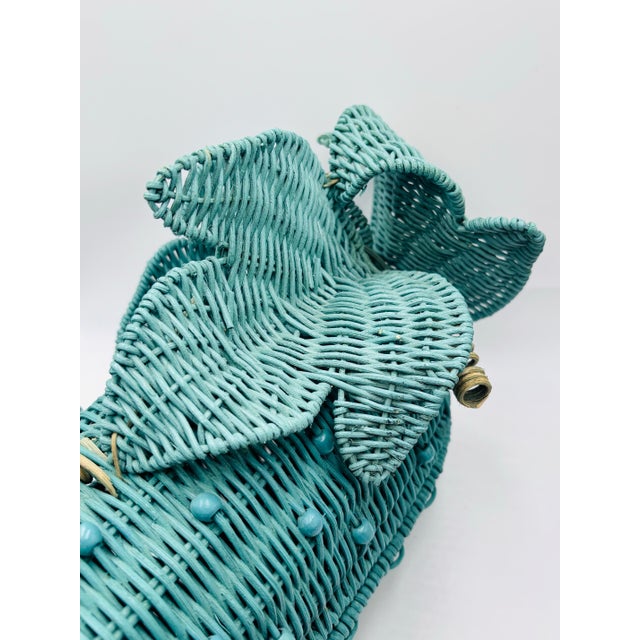 Mid-Century Modern Vintage Artisan Wicker Turquoise Eggplant W/ Lid For Sale - Image 3 of 8