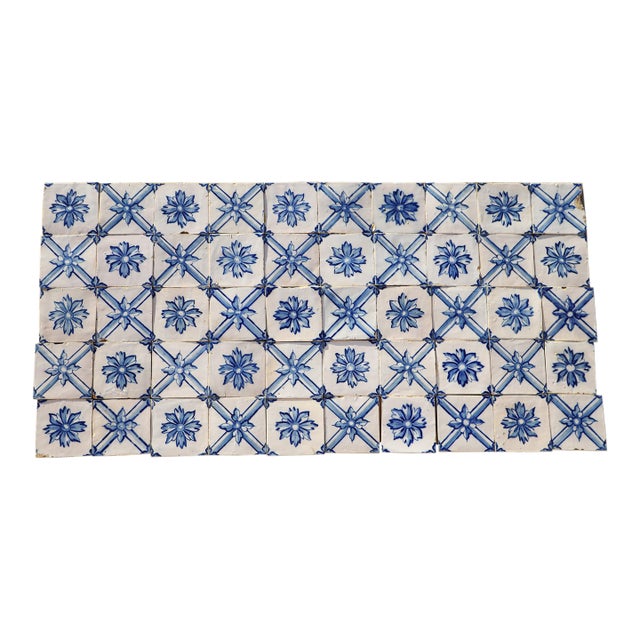 Rare 19th Century Antique Tiles Floral Blue & White Set of Fifty Portuguese For Sale