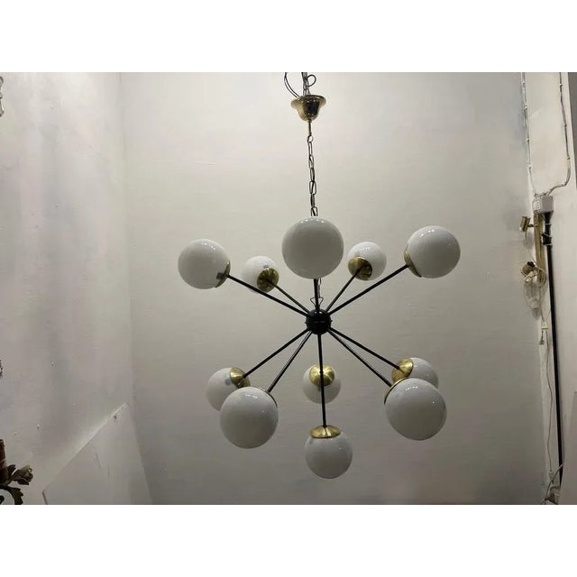Metal Large Black Metal, Brass & Opaline Glass Sputnik Chandelier, 1990s For Sale - Image 7 of 11