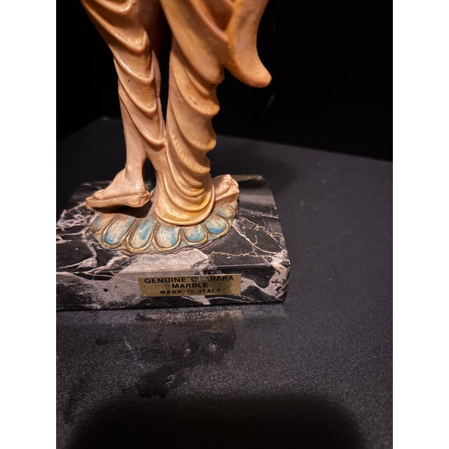 Beige Vintage Italian Fontanini- Asian Warrior and Musician Figurine Set Mid-Century Hand-Painted Sculptures on Marble Bases For Sale - Image 8 of 12