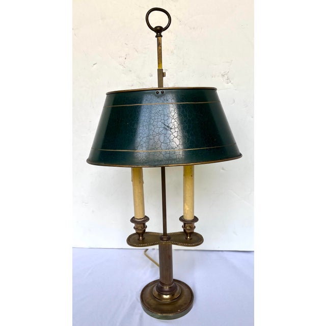Vintage French Brass Bouillotte Two Candle Lamp W/Green Metal Shade For Sale - Image 4 of 14