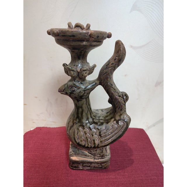 Chinese Ceramic Oil Lamp Hand Carved Yue Ware Celadon Phoenix Statue Oil Lamp For Sale - Image 11 of 11
