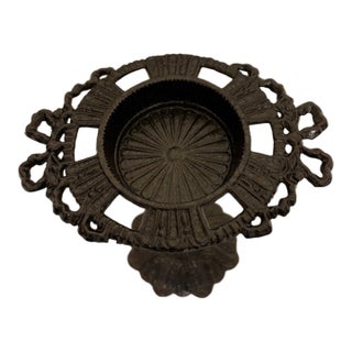 Vintage Gothic Black Cast Iron Pillar Candle Holder Stand-Ornate Open Work Tazza For Sale