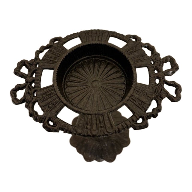 Vintage Gothic Black Cast Iron Pillar Candle Holder Stand-Ornate Open Work Tazza For Sale