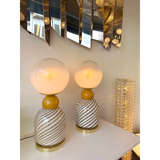 Mid-Century Modern Contemporary Pair of Brass and Berlingo Stripe Murano Glass Lamps, Italy For Sale - Image 3 of 11