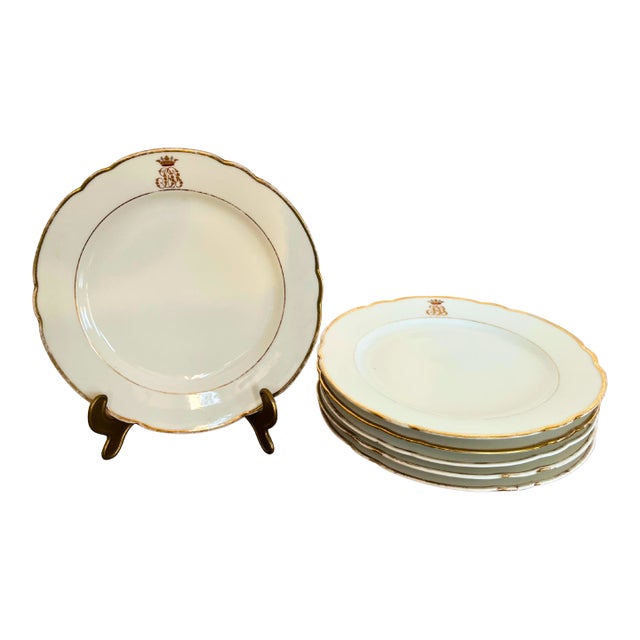 Antique Limoges Porcelain Dinner Plates, Set of 6, Gilt Rim & Crowned Monogram, Circa 1900 For Sale