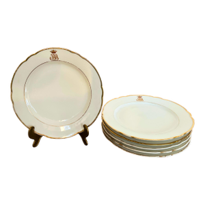 Antique Limoges Porcelain Dinner Plates, Set of 6, Gilt Rim & Crowned Monogram, Circa 1900