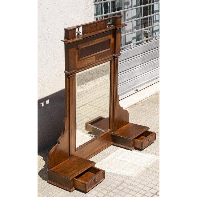 Late 19th Century Walnut Veneered Freestanding Mirror with Frawers and Cymatium, Italy For Sale - Image 3 of 9