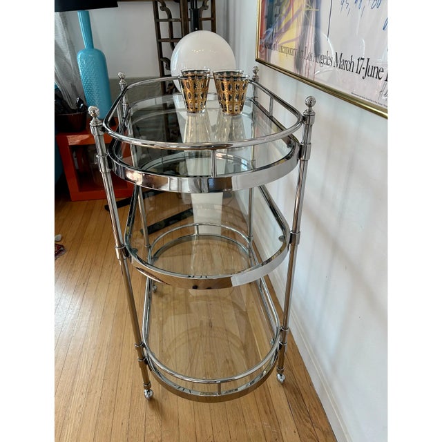 Metal Circa 80's 3-Tier Chrome & Glass Bar Cart For Sale - Image 7 of 8