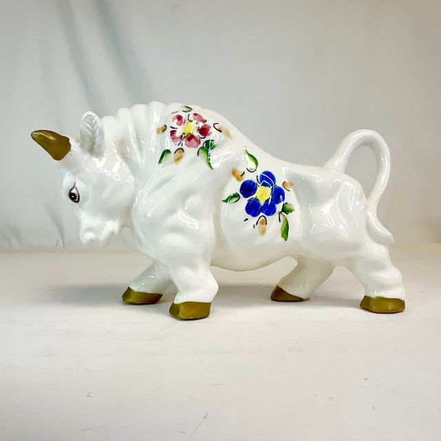 1970s Vintage Italian Mediterranean Hand Painted Ceramic Bull Figurine. For Sale - Image 6 of 13