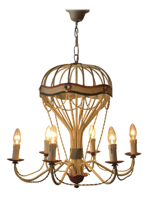 Mid-Century French Gilt Iron and Painted Tôle Hot Air Balloon Chandelier