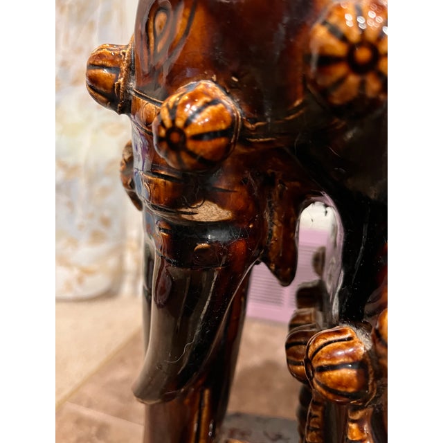 Vintage Brown Glazed Ceramic Elephant Garden Stool or Side Table (Single) For Sale - Image 4 of 12