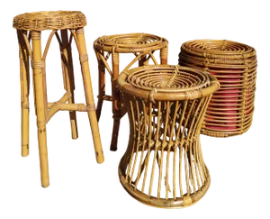 Rattan Poufs and Stools, 1950s, Set of 4