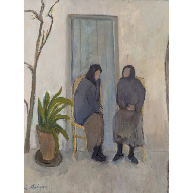 Mid-Century Modern "Afternoon Conversations" Vintage Figurative Oil Painting - Framed For Sale - Image 9 of 10