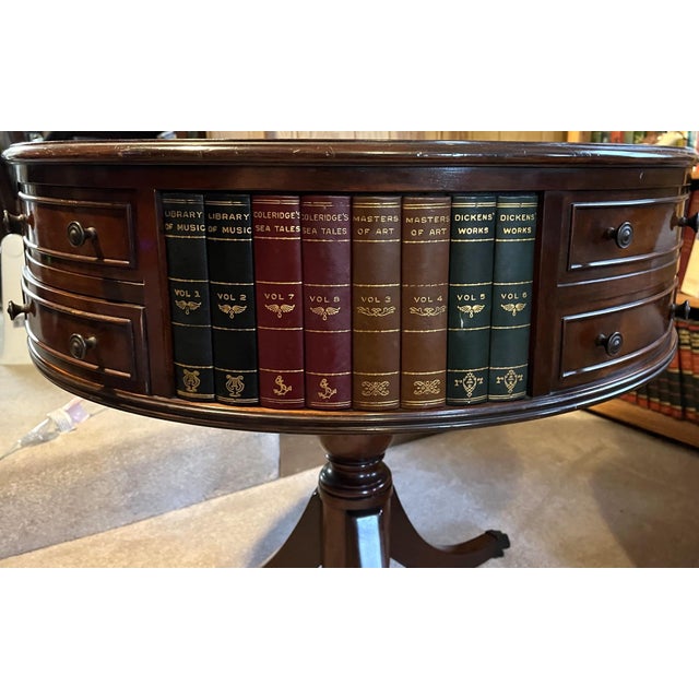 Wood Book Drum Table With Drawers in the Style of Maitland Smith For Sale - Image 7 of 9