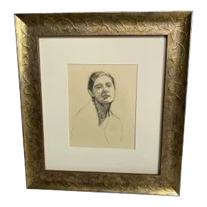 Vintage Pencil on Paper Sketch Portrait of a Woman Framed Behind Glass, Circa 1990