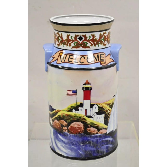 Nautical Late 20th Century Vintage Nautical Painted Lighthouse and Flag Ceramic Umbrella Cane Holder For Sale - Image 3 of 11