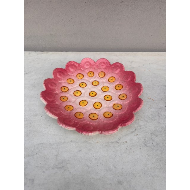 French Majolica pink flower plate Delphin Massier, circa 1890.