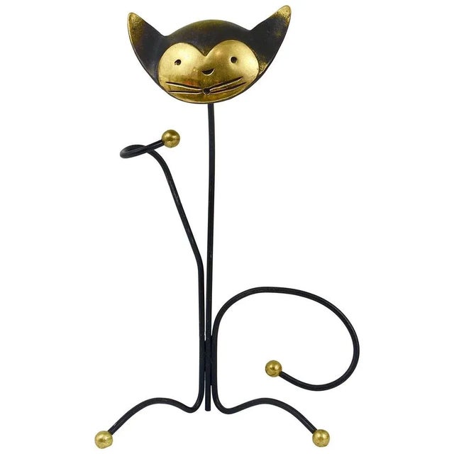 Brass Cat Wine Bottleholder by Walter Bosse attributed to Herta Baller, Austria, 1950s For Sale - Image 10 of 10