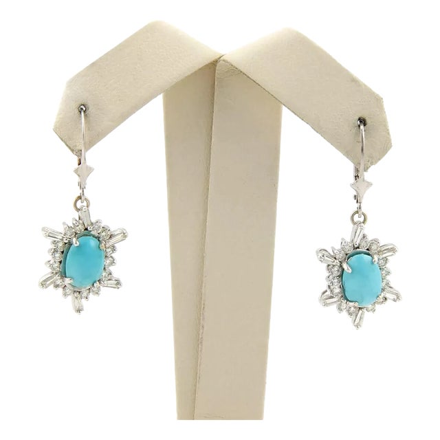 Turquoise Diamond 14k White Gold Hook Dangle Earrings, 2 Pieces For Sale