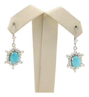 Turquoise Diamond 14k White Gold Hook Dangle Earrings, 2 Pieces